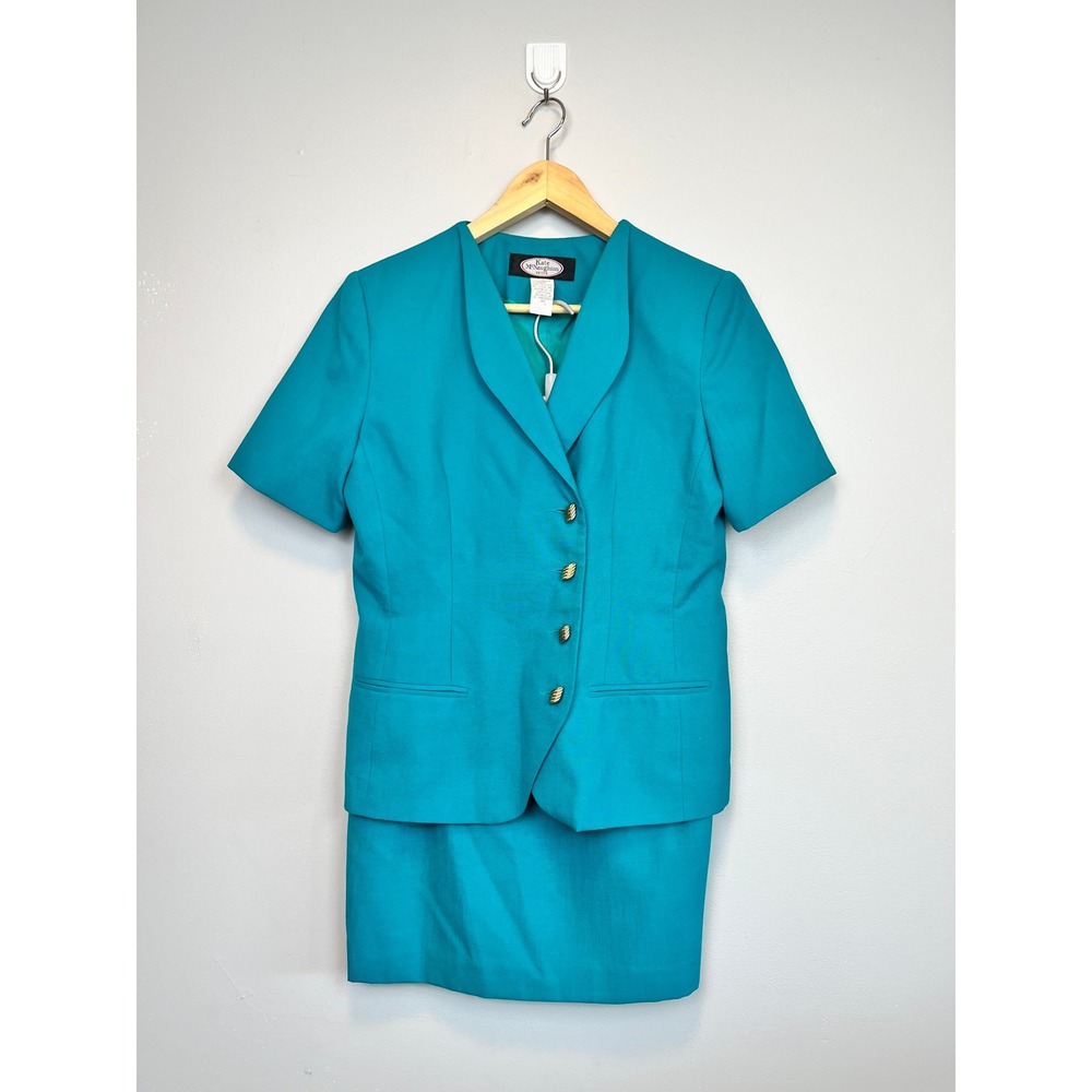 VTG Kate McNaughton Teal Skirt Suit Set Gold Buttons Rayon Blazer Skirt 10P